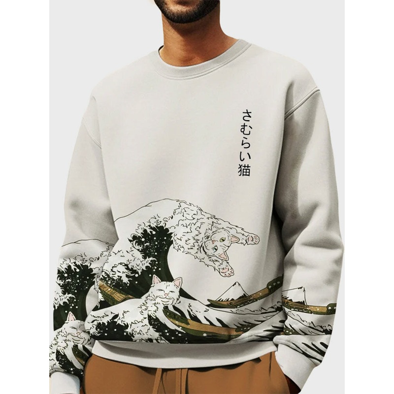 Mens Japanese Wave Cat Print Crew Neck Pullover Sweatshirts