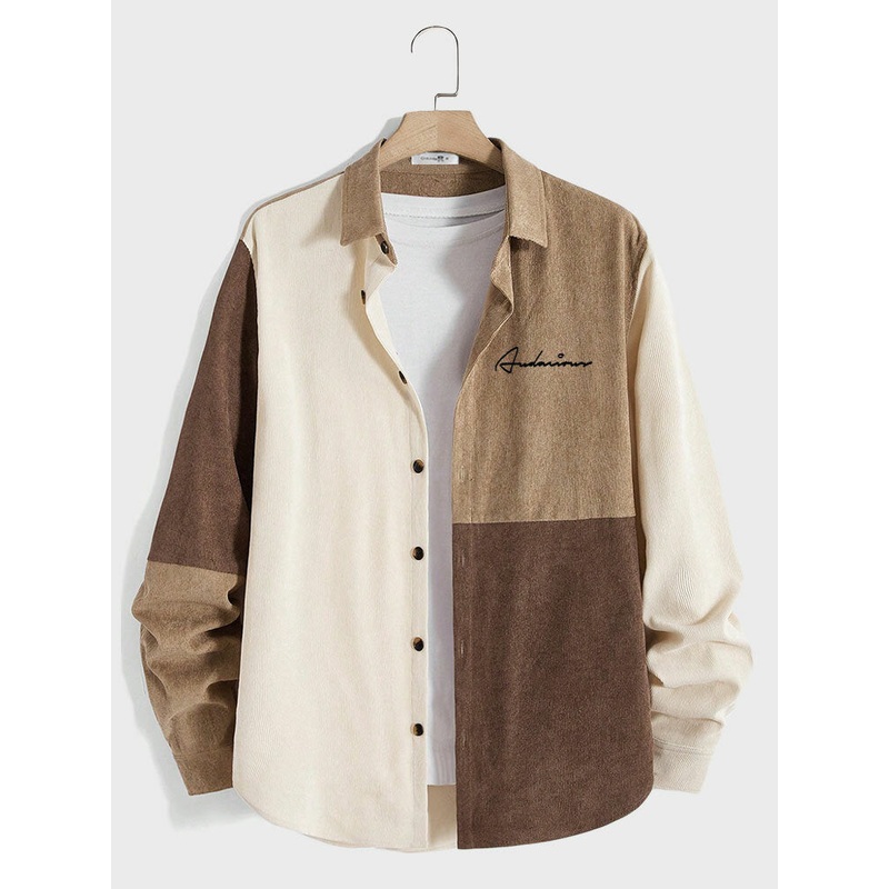 Mens Letter Embroidered Color Block Patchwork Corduroy Long Sleeve Shirts