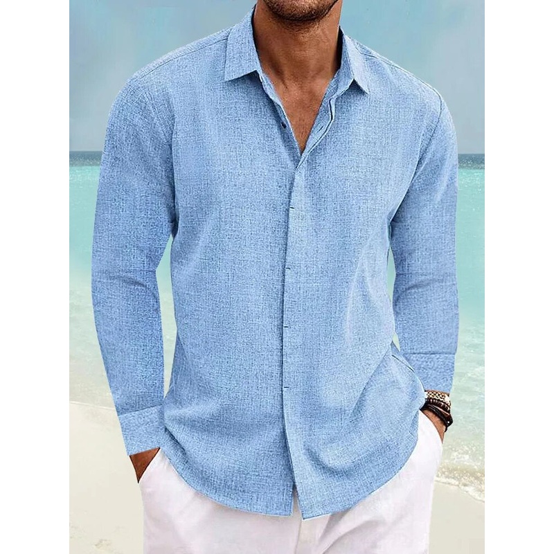 Mens Plain Lapel Button Up Casual Long Sleeve Shirts