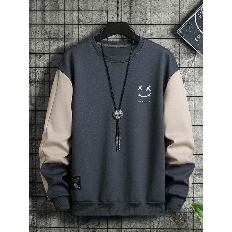 Mens Smile Face Print Contrast Patchwork Pullover Sweatshirts