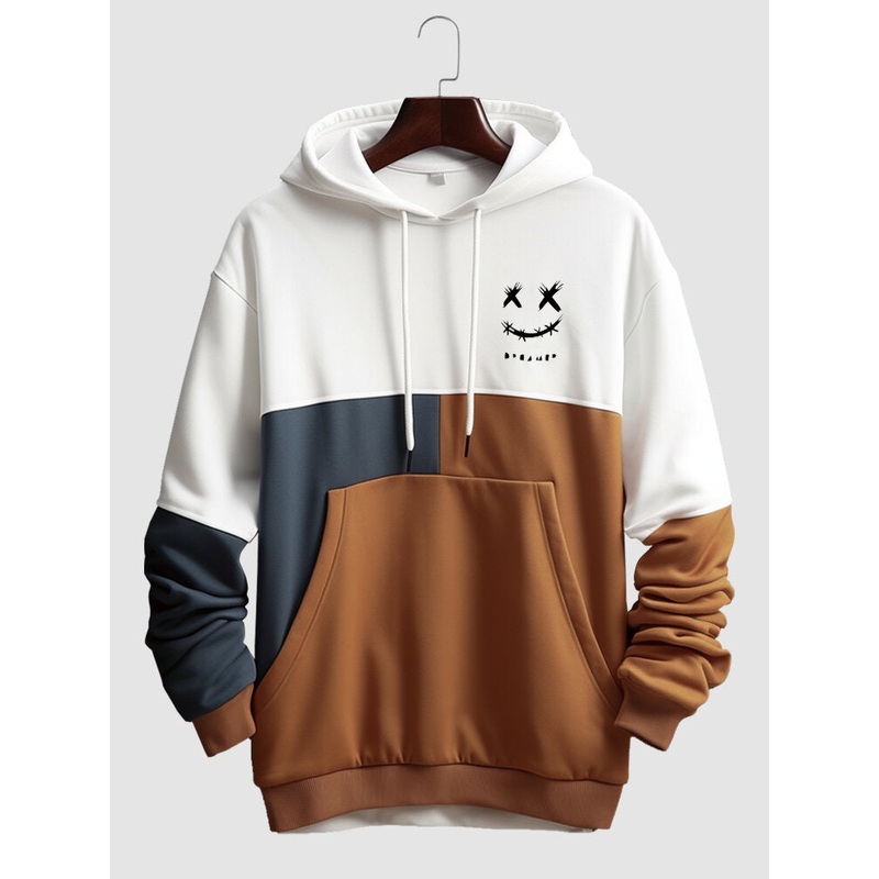 Mens Smile Print Color Block Patchwork Kangaroo Pocket Hoodies