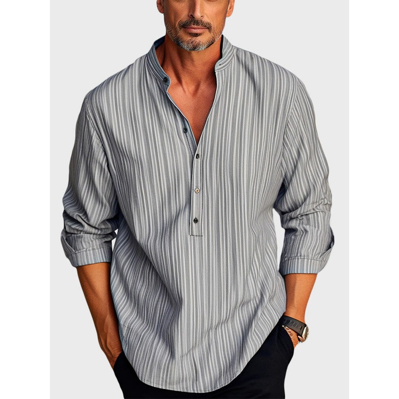 Mens Striped Stand Collar Half Button Long Sleeve Henley Shirts