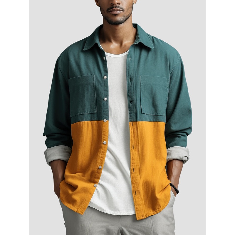 Mens Two Tone Patchwork Double Pocket Casual Long Sleeve Shirts