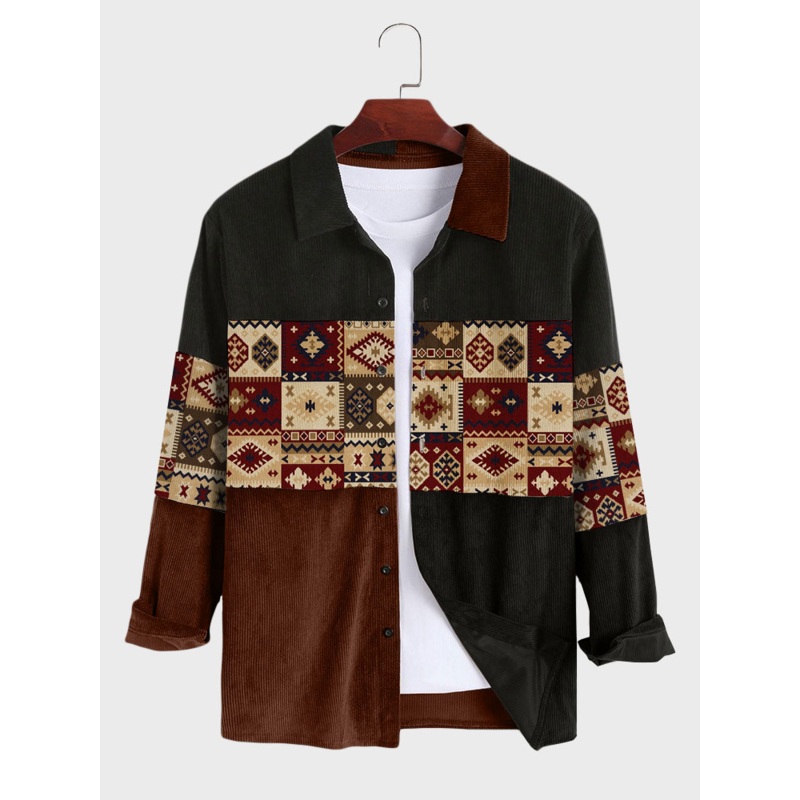 Mens Vintage Argyle Pattern Patchwork Ethnic Corduroy Long Sleeve Shirts