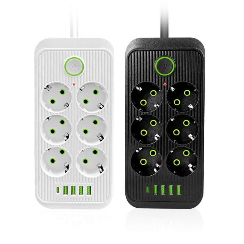 F06 2500W EU Plug AC Outlet Power Strip Multitap Extension Cord Electrical Socket with 4 USB+Type-C Ports Fast Charge Home Intelligent Outlets