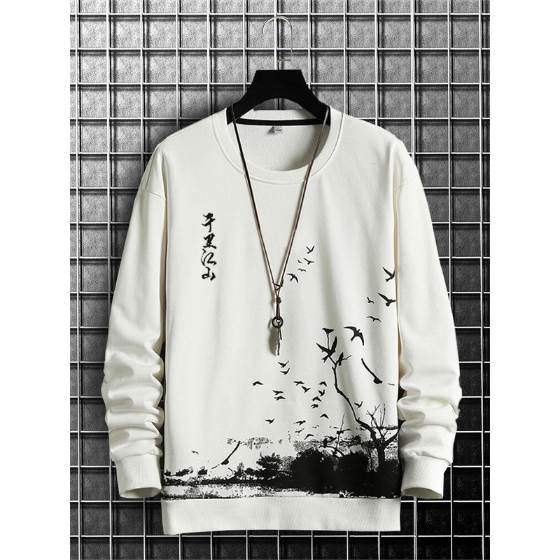 Mens Chinese Ink Landscape Print Crew Neck Pullover Sweatshirts