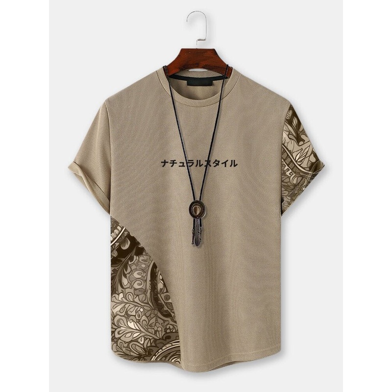 Mens Ethnic Floral Patchwork Japanese Print Knit Short Sleeve T-Shirts