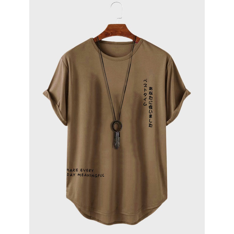 Mens Japanese Letter Print Curved Hem Casual Short Sleeve T-Shirts
