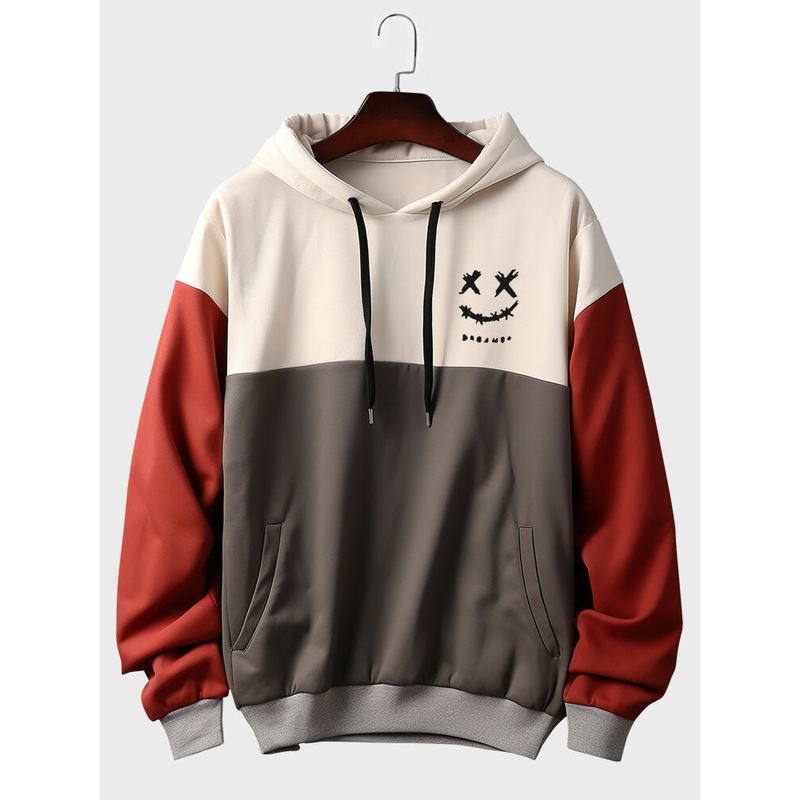 Mens Smile Face Print Patchwork Slant Pocket Drawstring Hoodies
