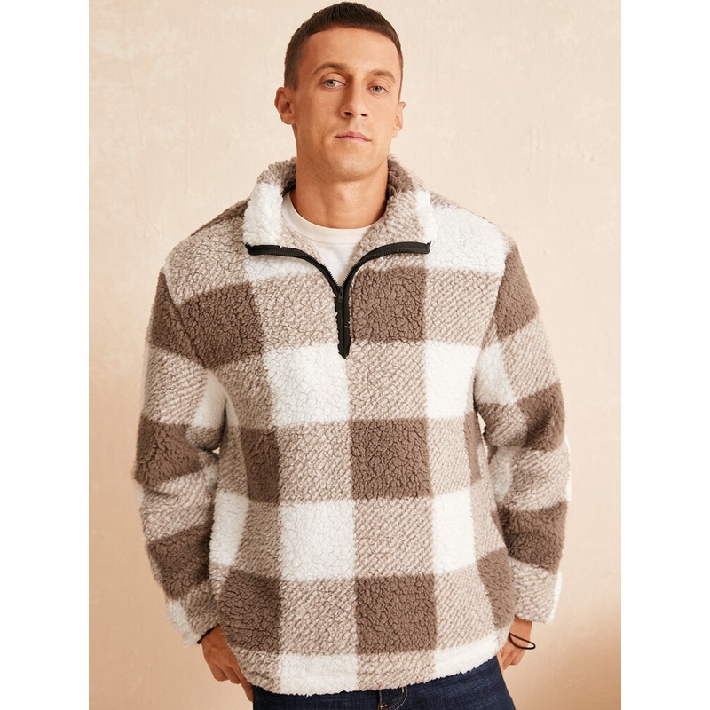 Men Teddy Pullover Loose Half zip Drawstring Hem Lapel Pullover Sweatshirt