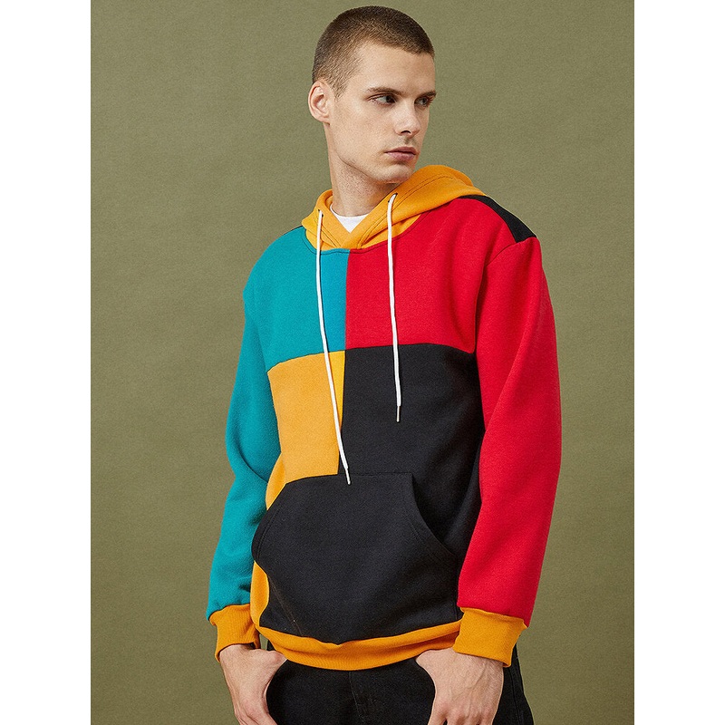 Mens Colorful Patchwork Kangaroo Pocket Long Sleeve Hoodies