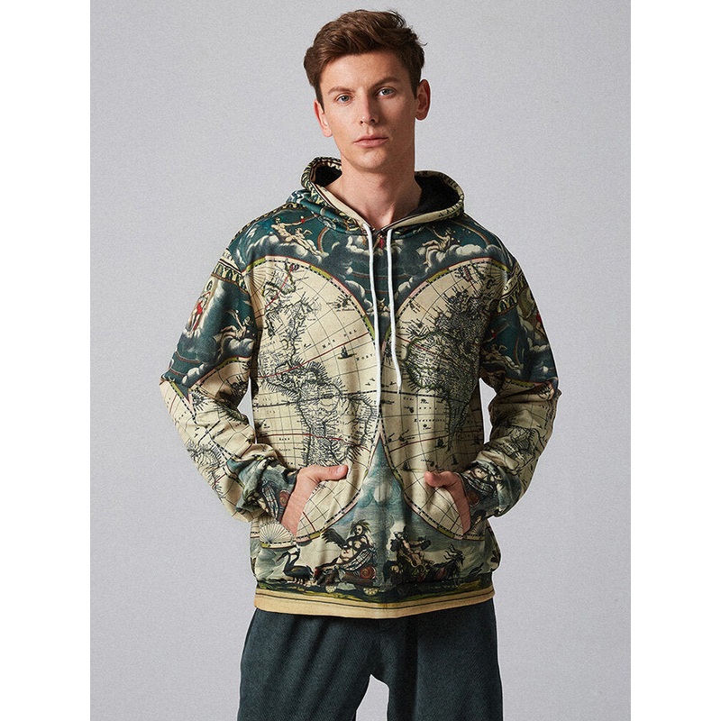 Mens Fashion World Map Adventure Printing Long Sleeve Hooded Sweatshirt
