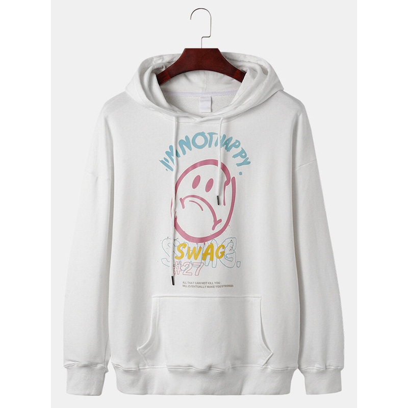 Mens Funny Emojis Chest Print Plain Loose Fit Drawstring Hoodies With Kangaroo Pocket