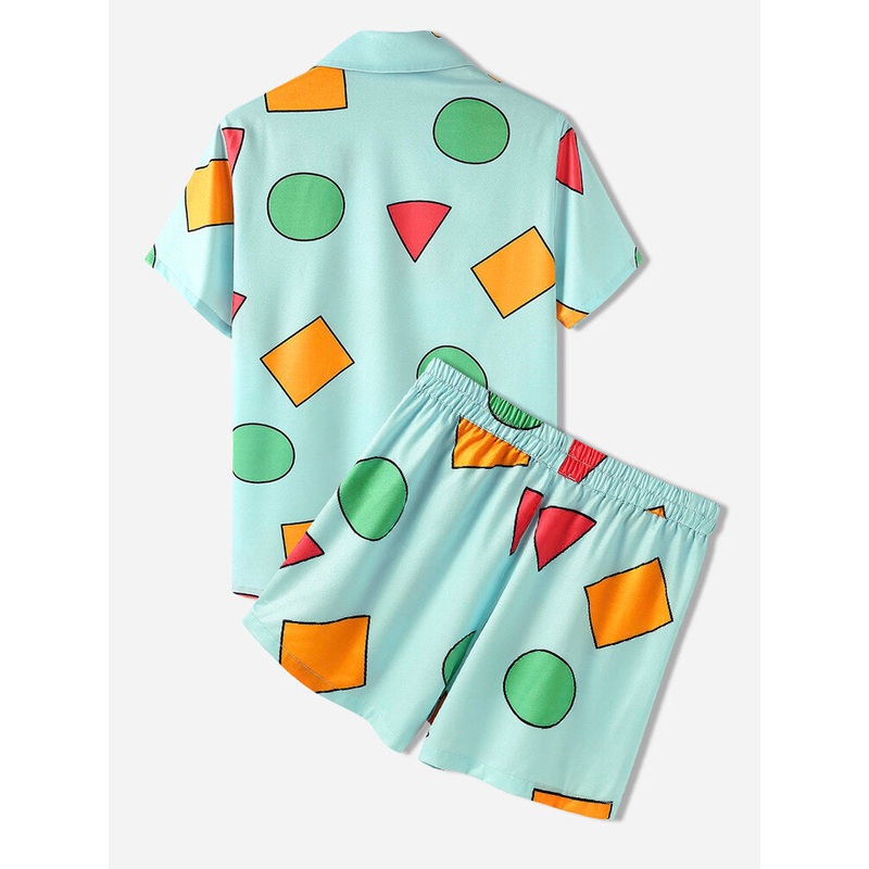 Mens Geometric Pattern Button Up Soft Loose Cozy Daily Pajama Set