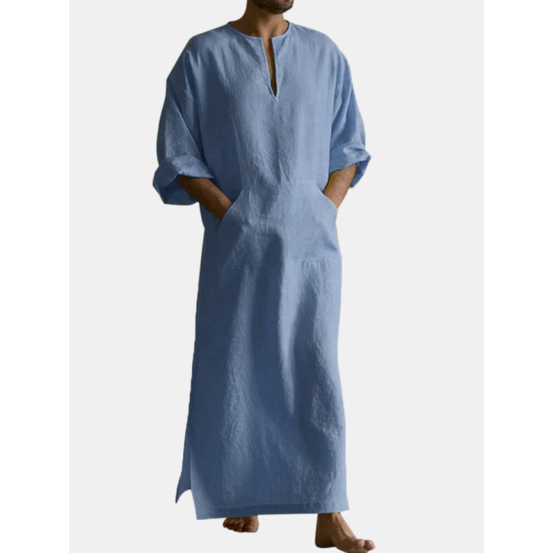 Mens Mustard Set Cotton Crew Neck Neckline Slit 3/4 Length Sleeve Long Length Gown Shirts