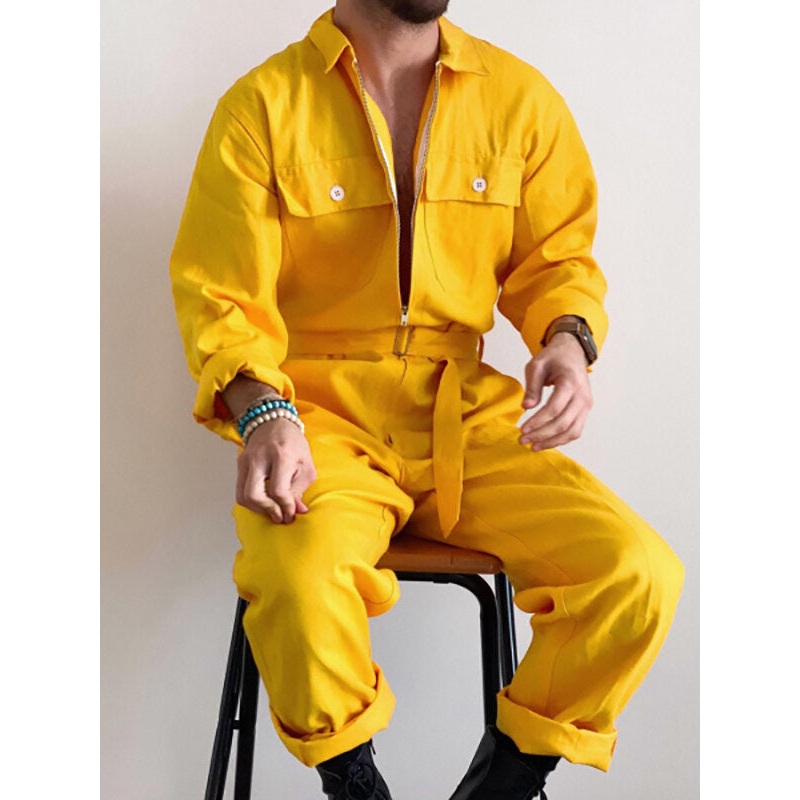 Men Casual Zipper Pocket Long Sleeve Jumpsuit with Belt