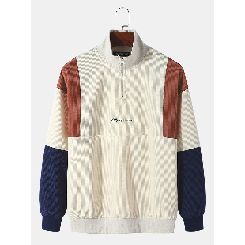 Men Corduroy Colorblock Patchwork Letter Embroidered Zipper Pullover Sweatshirts