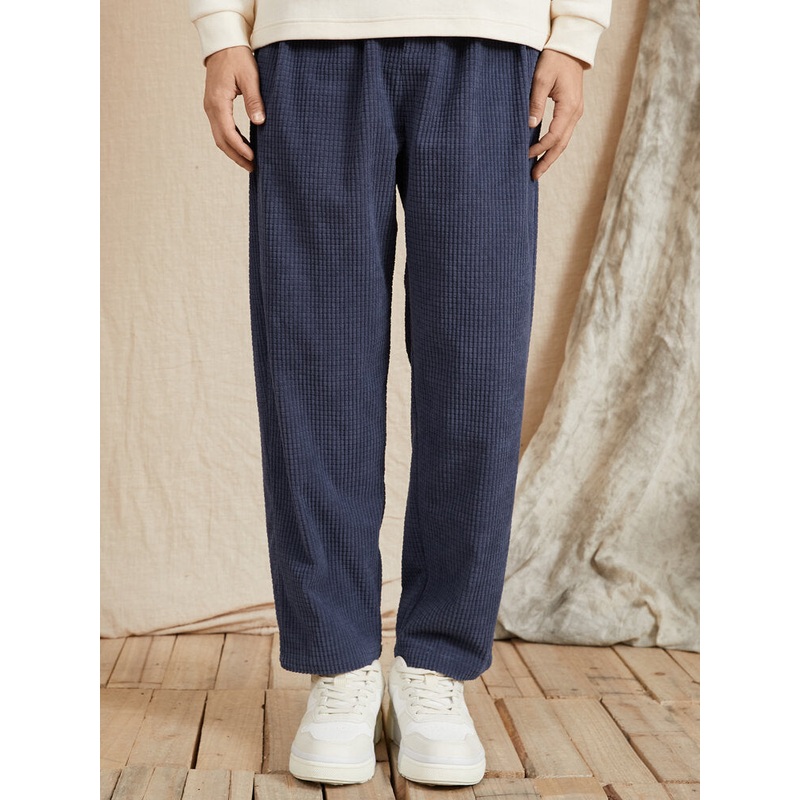 Men Corduroy Solid Elastic Waist Ankle Length Casual Pockets Pants