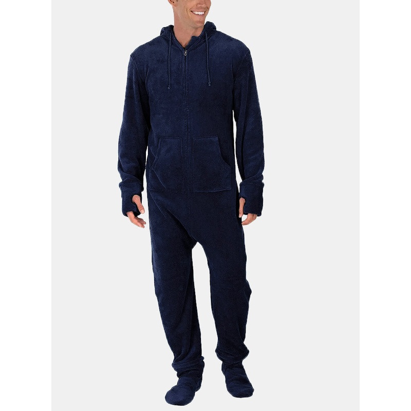 Men Flannel Thick Plain Onesies Loungewear Thermal Thumb Holes Hooded Jumpsuit Pajamas With Socks sleepwear