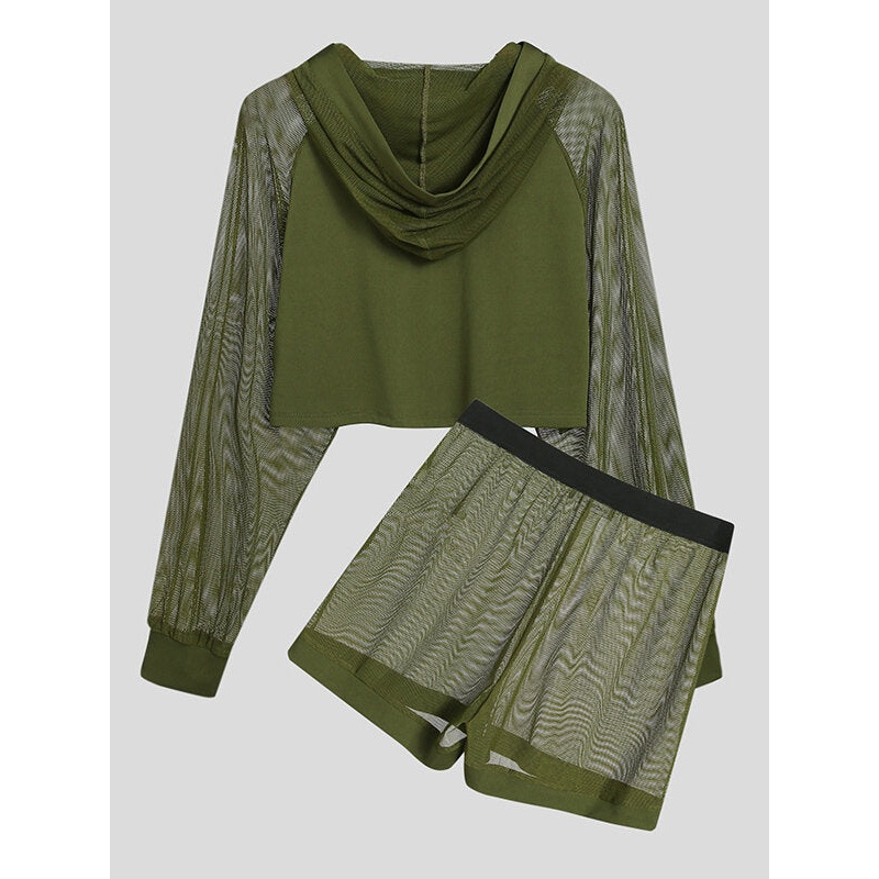 Men Hooded Mesh Patchwork Crop Top Shorts Two Pieces Outfits