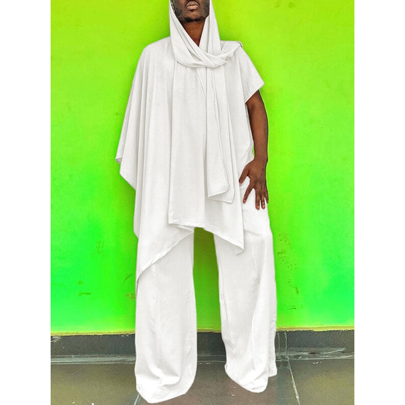 Men Irregular T-Shirt & Wide Leg Pants & Scarf 2 Piece Set