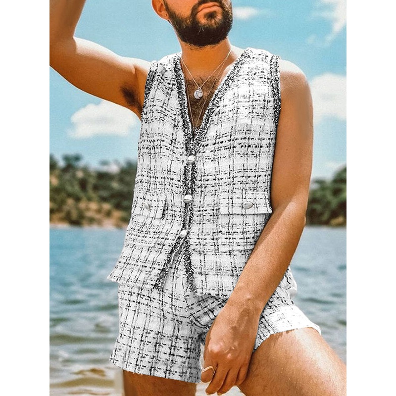 Men Plaid Metal Button Casual Waistcoat & Shorts 2 Pieces Outfits