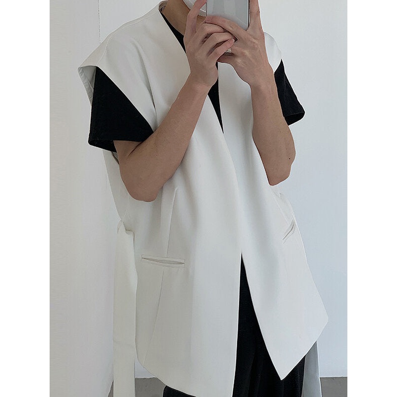 Men’s Belted Tie Knot Front Irregular Solid Color Sleeveless Blazer