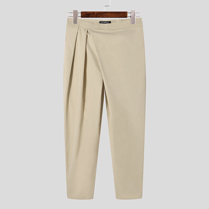 Men Solid Pleats Irregular pleated Velcroed Zipper harem pants