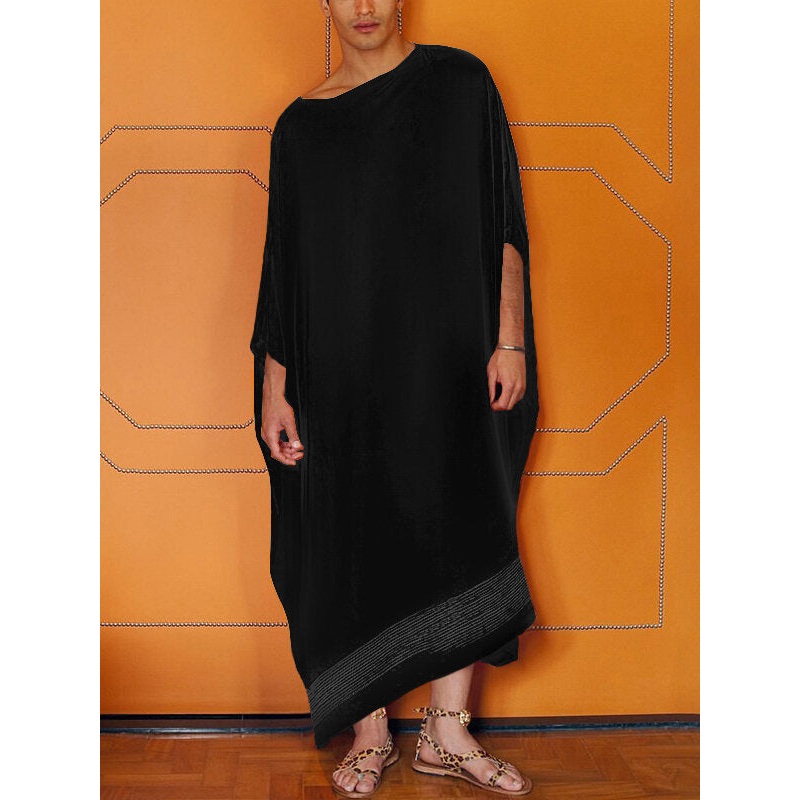 Men Tilt Hem Striped Print Loose Fit Crew Neck Robe