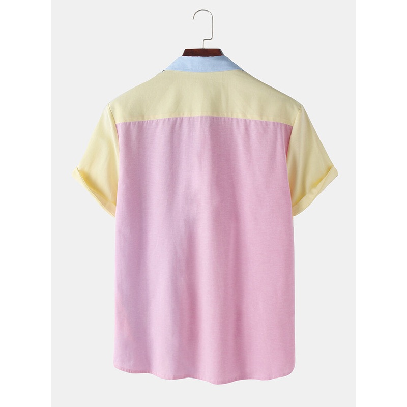 Mens Casual Stitching Contrast Color Short Sleeve Shirts