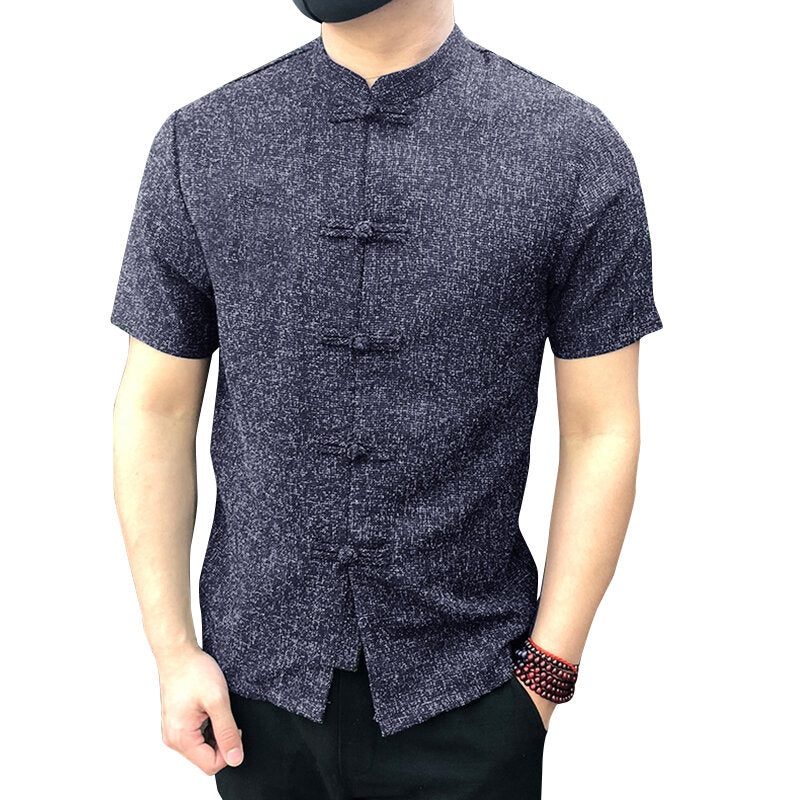 Mens Chinese Style Frog Button Up Short Sleeve T Shirt  Loose Casual Shirt Tops