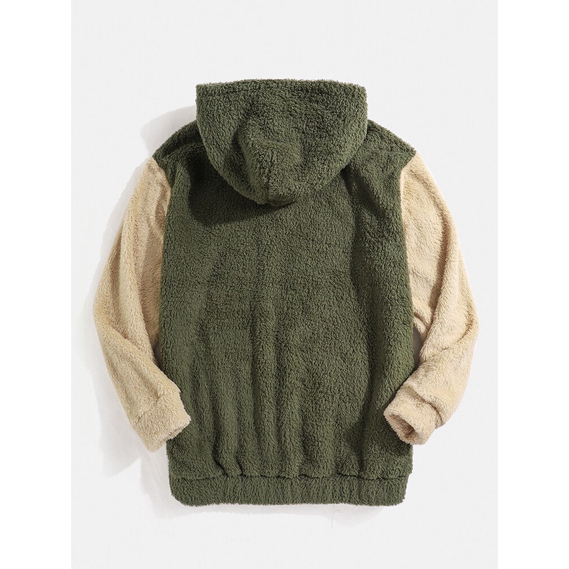 Mens Contrast Color Patchwork Fluffy Teddy Kangaroo Pocket Hoodies