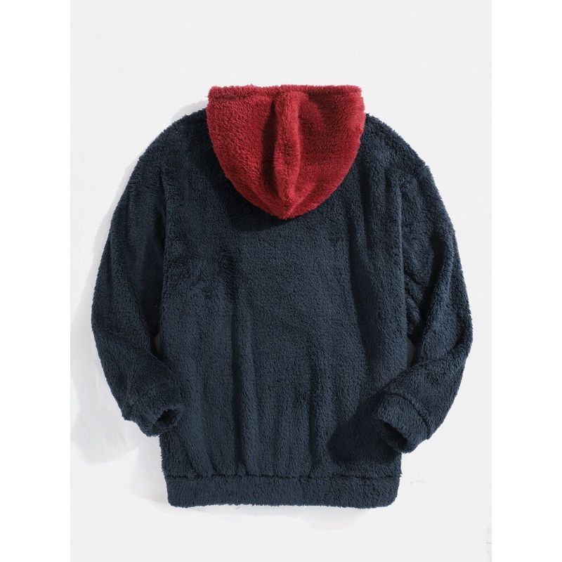 Mens Contrasting Color Patchwork Kangaroo Pocket Teddy Hoodies
