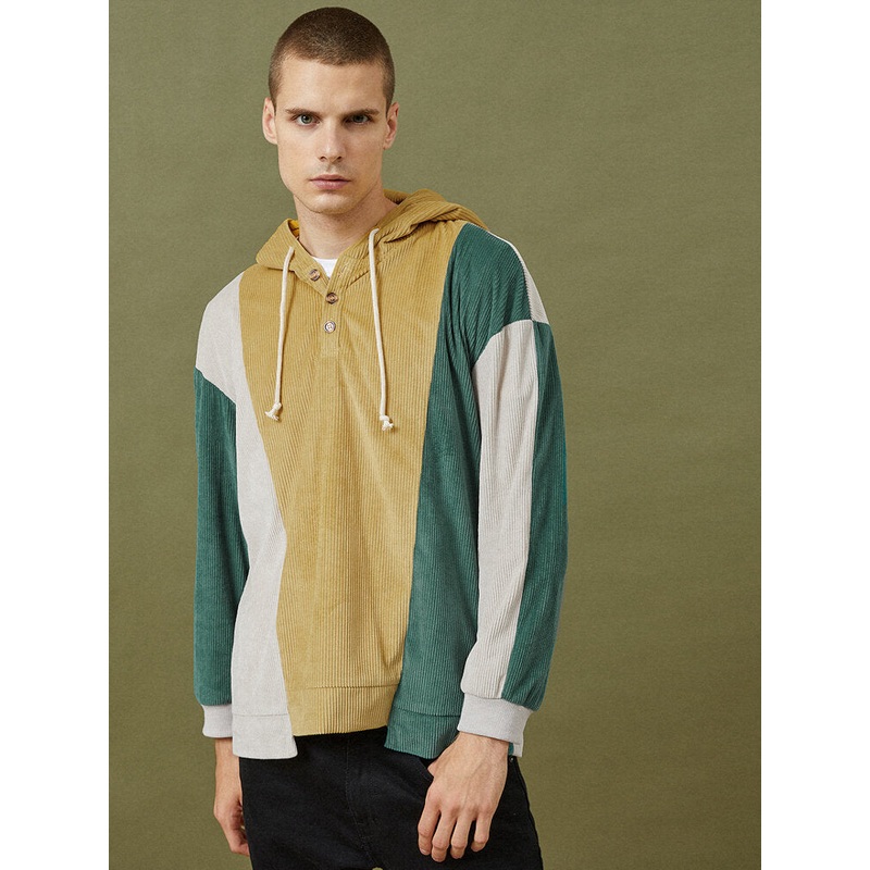 Mens Corduroy Colorblock Patchwork Button Hoodies With Kangaroo Pocket