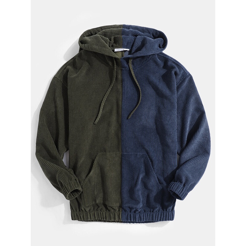 Mens Corduroy Contrasting Color Patchwork Pocket Casual Drawstring Hoodies