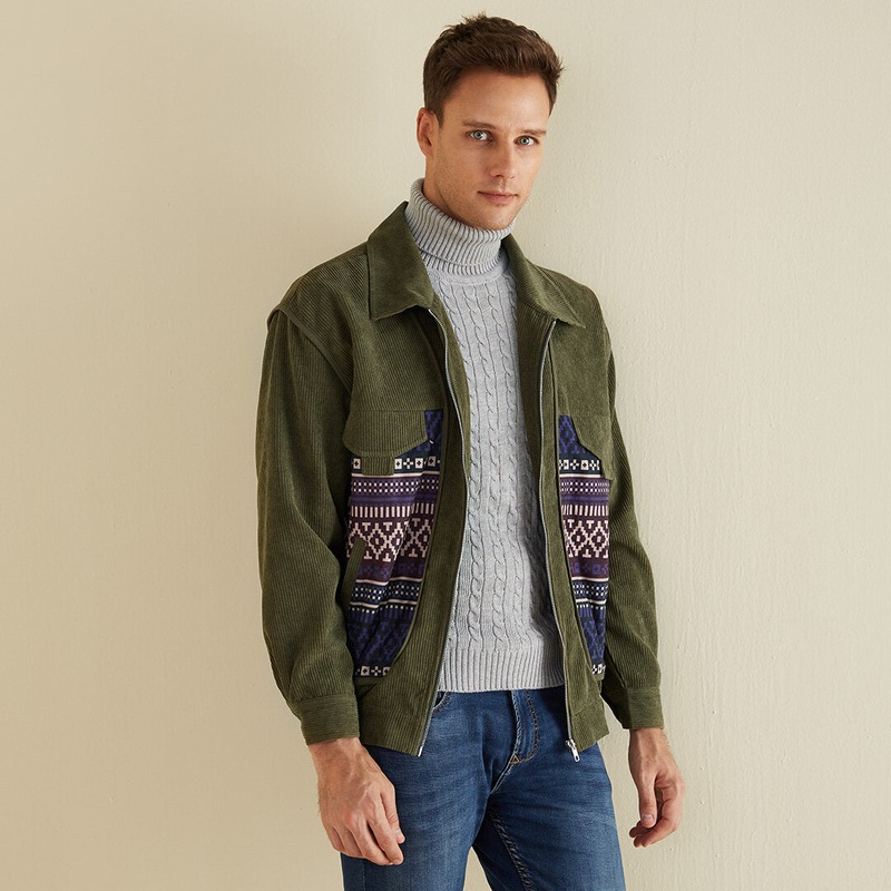 Mens Corduroy Printing Pattern Long Sleeve Thick Zipper Casual Jacket