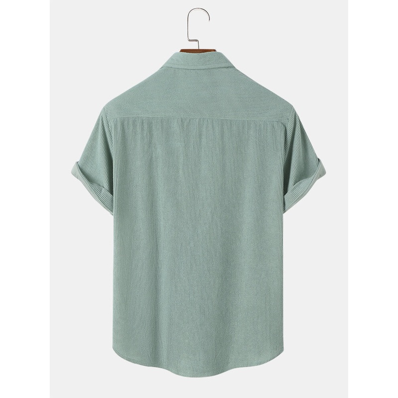 Mens Corduroy Solid Color Button Up Daily Short Sleeve Shirts
