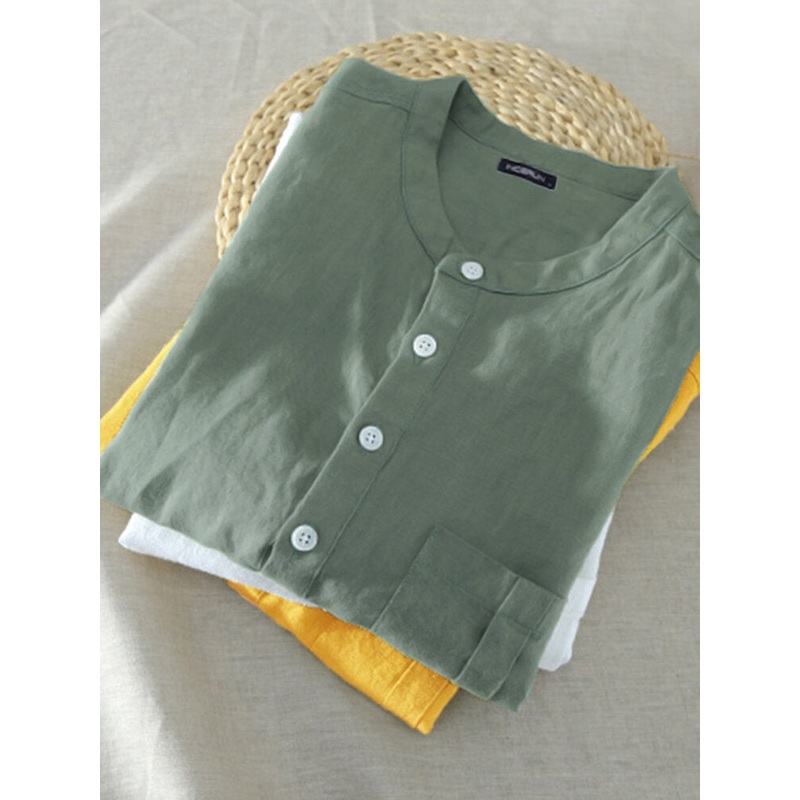 Mens Cotton Solid Color Chest Pocket Cotton Casual Henley Shirts