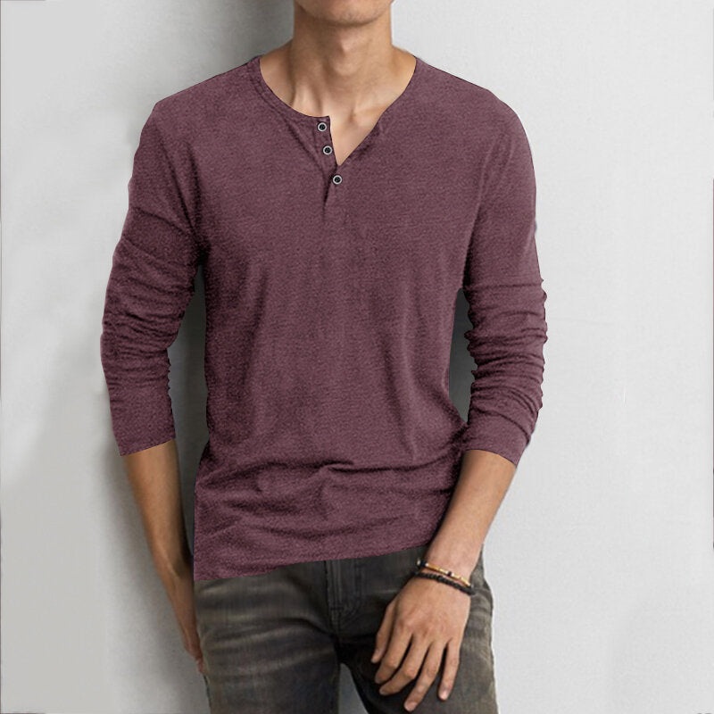 Mens Cotton Vintage Buttons Solid Color Long Sleeve Casual Shirts