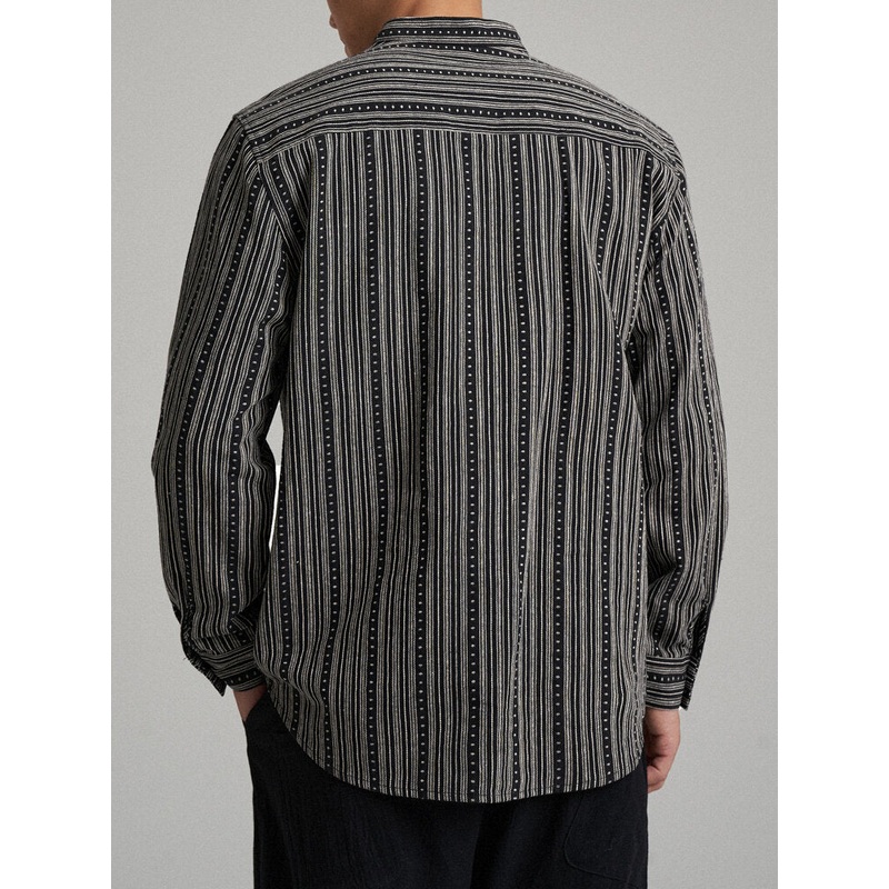 Mens Ethnic Striped Stand Collar Half Buttons Long Sleeve Shirts