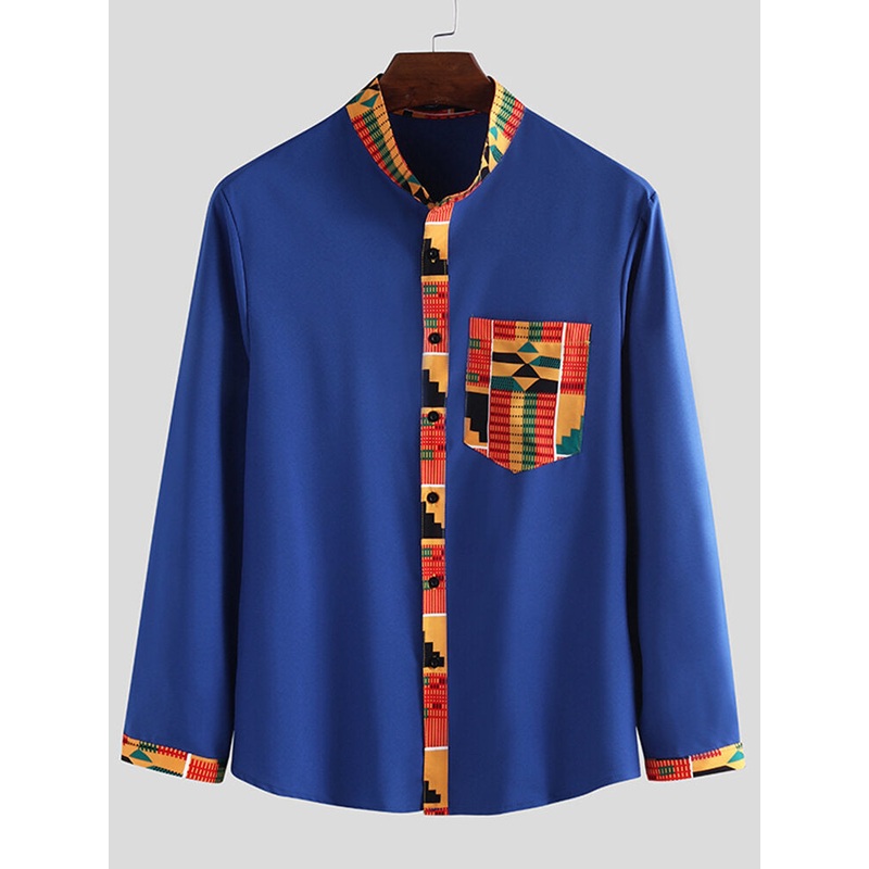 Mens Ethnic Style Pattern Pocket Long Sleeve Casual Shirts