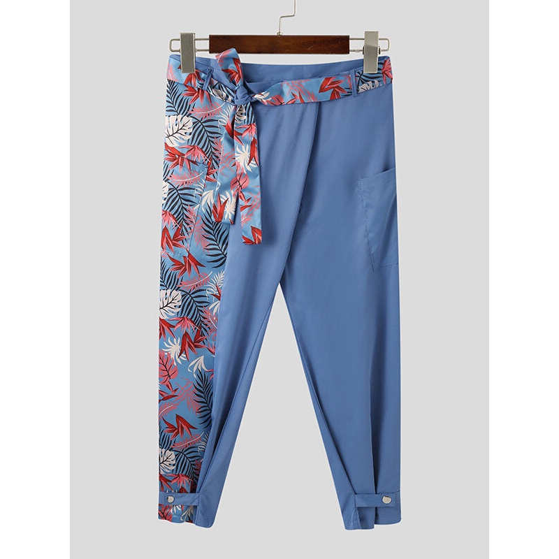 Mens Patchwork Floral Print Loose Casual Wide Leg Pants