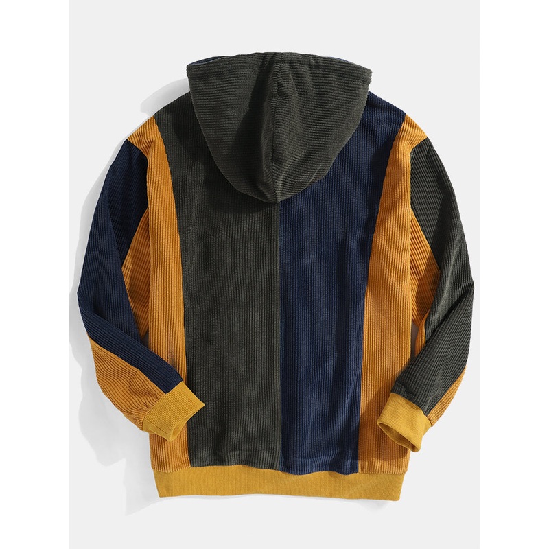 Mens Retro Colorblock Stitching Corduroy Drawstring Pullover Hoodies