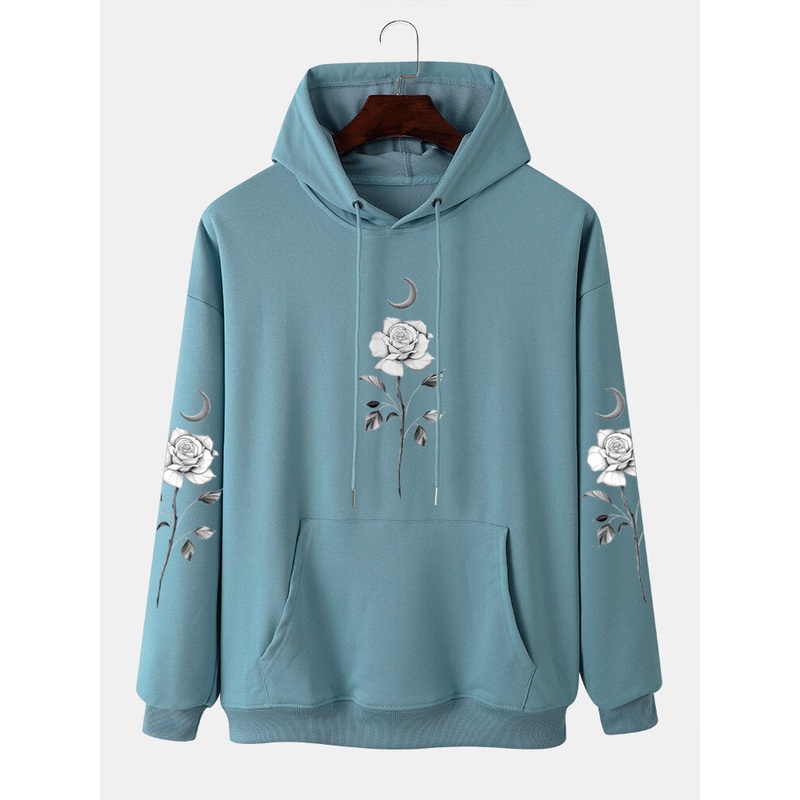 Mens Rose & Moon Printed Pocket Long Sleeve Hoodies