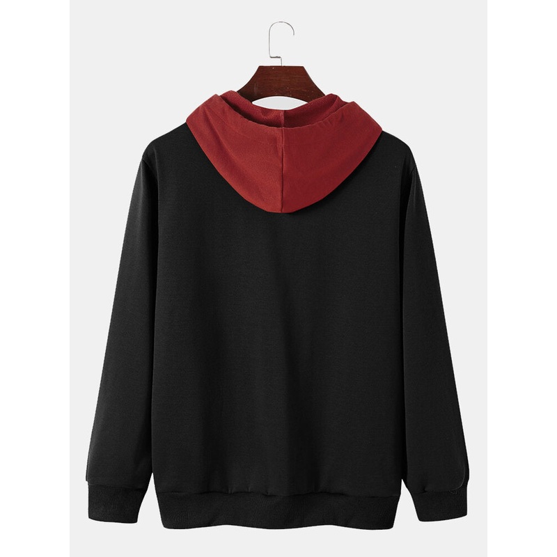 Mens Rose Pattern Splicing Drawstring Hooded Sweatshirt With Kangaroo Pocket