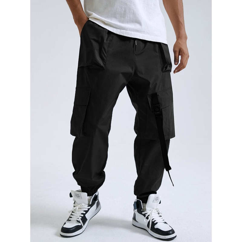 Mens Solid Tactical Casual Taped Cargo Trousers with Pocket
