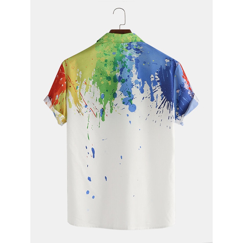 Mens Splash Ink Watercolor Print Short Sleeve Beach Party Business Casual Shirts