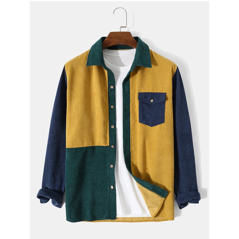 Mens Splicing Corduroy Button  Color Block Casual Shirt