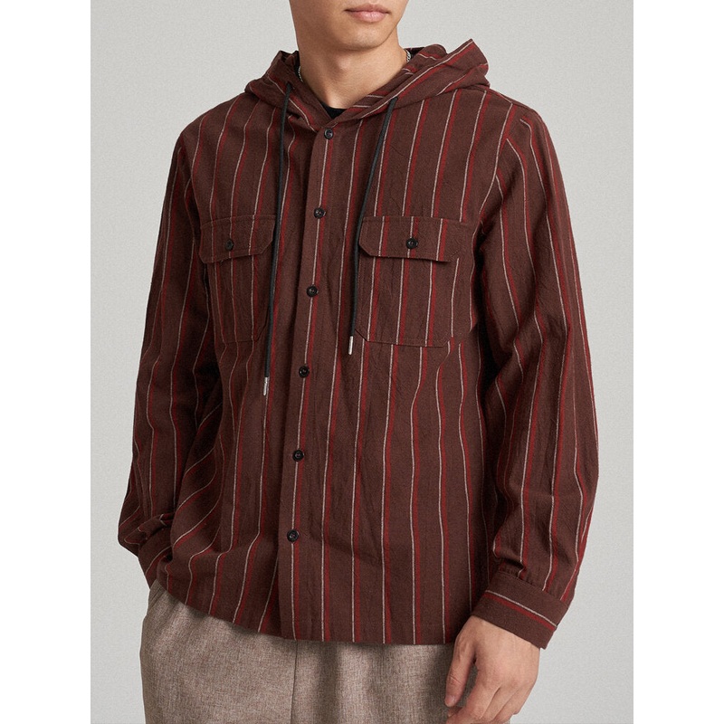 Mens Striped Printed Pockets Front Buttons Drawstring Hooded Coats