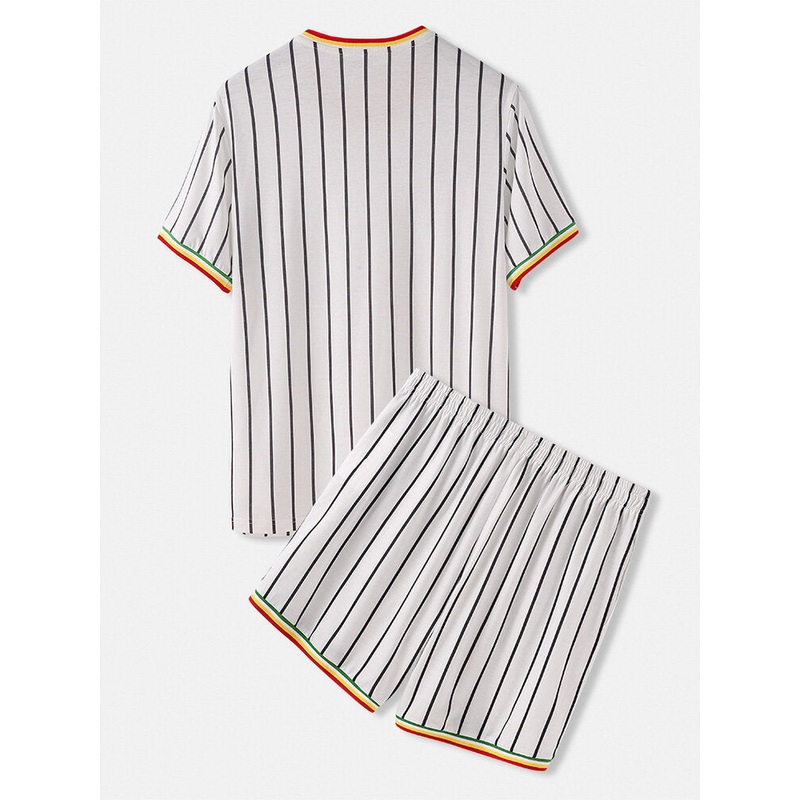 Mens Vertical Stripes Short Sleeve Elastic Waist Home Casual Two Piece Pajama Set